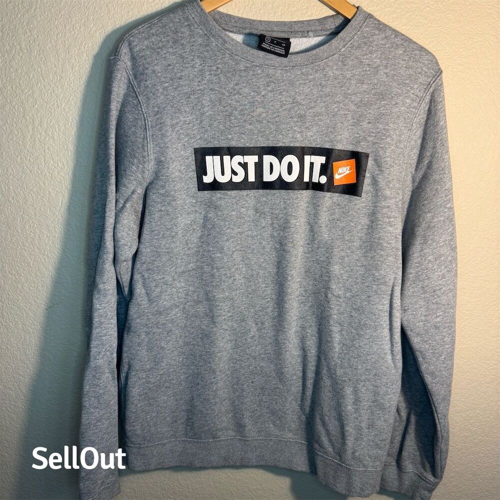 Nike Just Do It Crew Neck Sweatshirt Mens Small Gray Long Sleeve Pullover - Picture 1 of 5